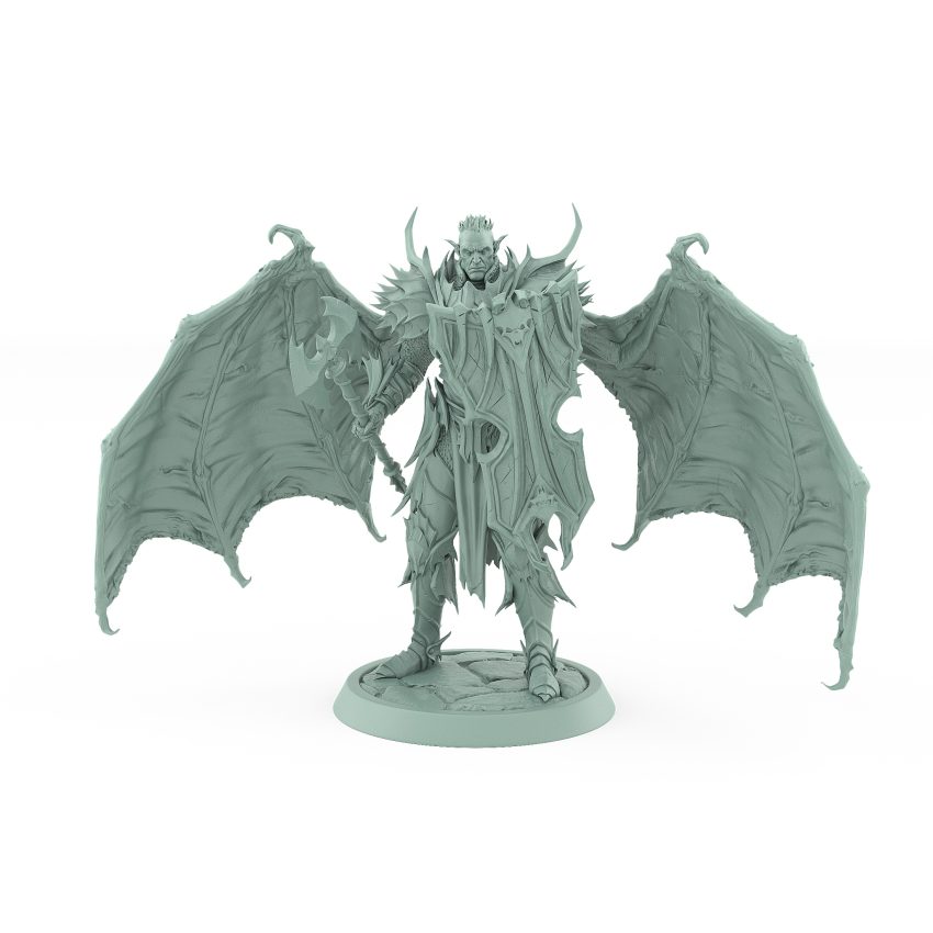 standing vampire miniature with bat wings raised axe and ornate armor on stone base