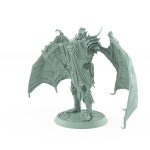 standing vampire miniature with bat wings raised axe and ornate armor on stone base