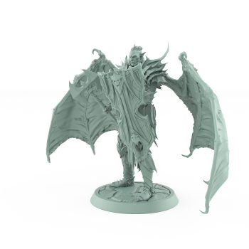 standing vampire miniature with bat wings raised axe and ornate armor on stone base