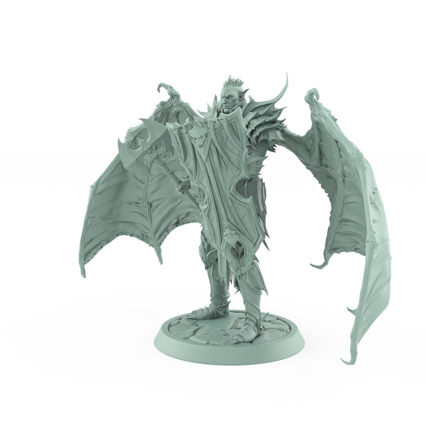 standing vampire miniature with bat wings raised axe and ornate armor on stone base