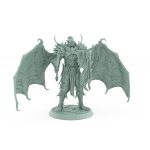 standing vampire miniature with bat wings raised axe and ornate armor on stone base