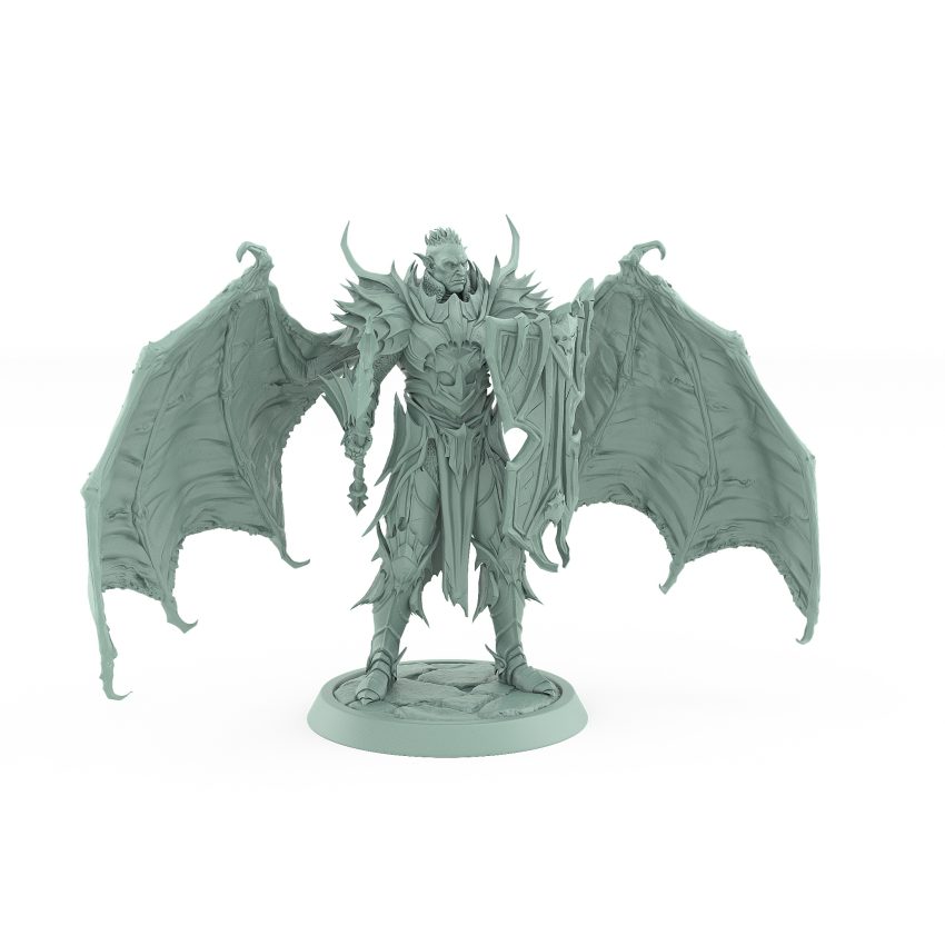 standing vampire miniature with bat wings raised axe and ornate armor on stone base
