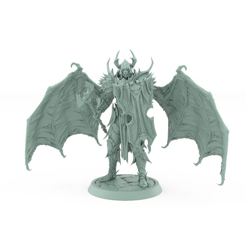 vampire miniature in horned helm with wings shield and axe standing in gothic armor