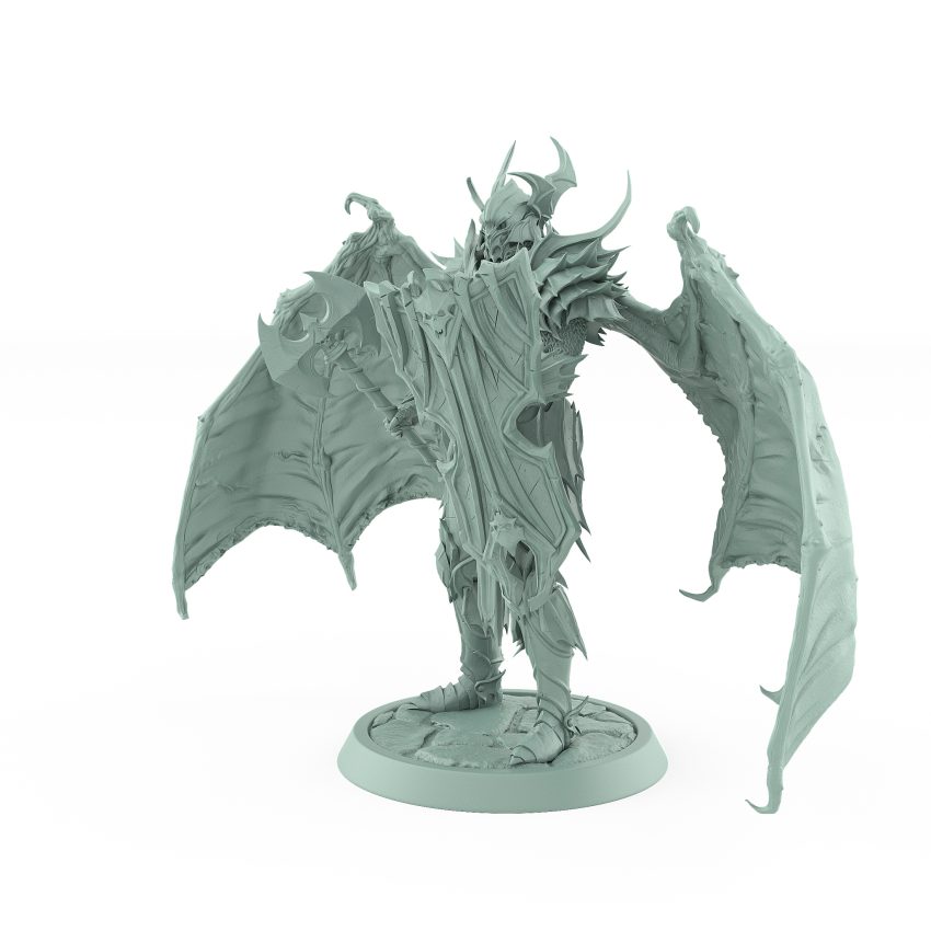 vampire miniature in horned helm with wings shield and axe standing in gothic armor