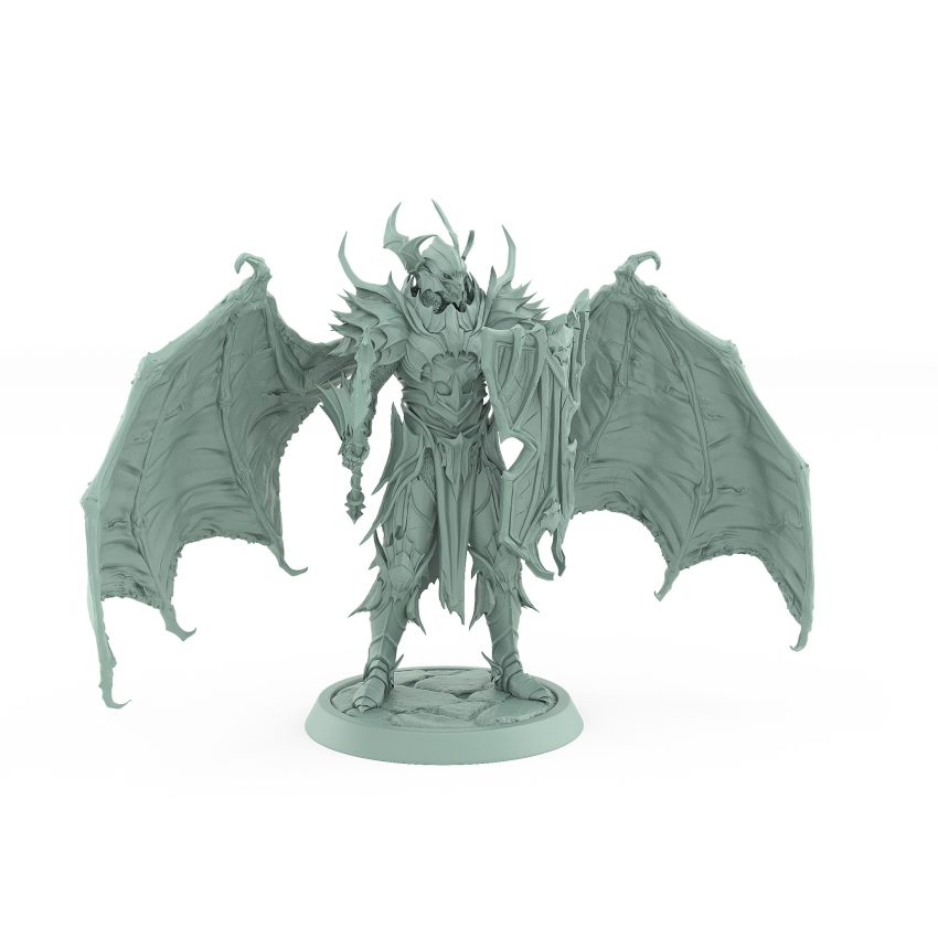 vampire miniature in horned helm with wings shield and axe standing in gothic armor