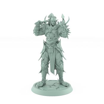 vampire miniature unhelmeted with axe resting on shoulders in gothic armor standing on stone base
