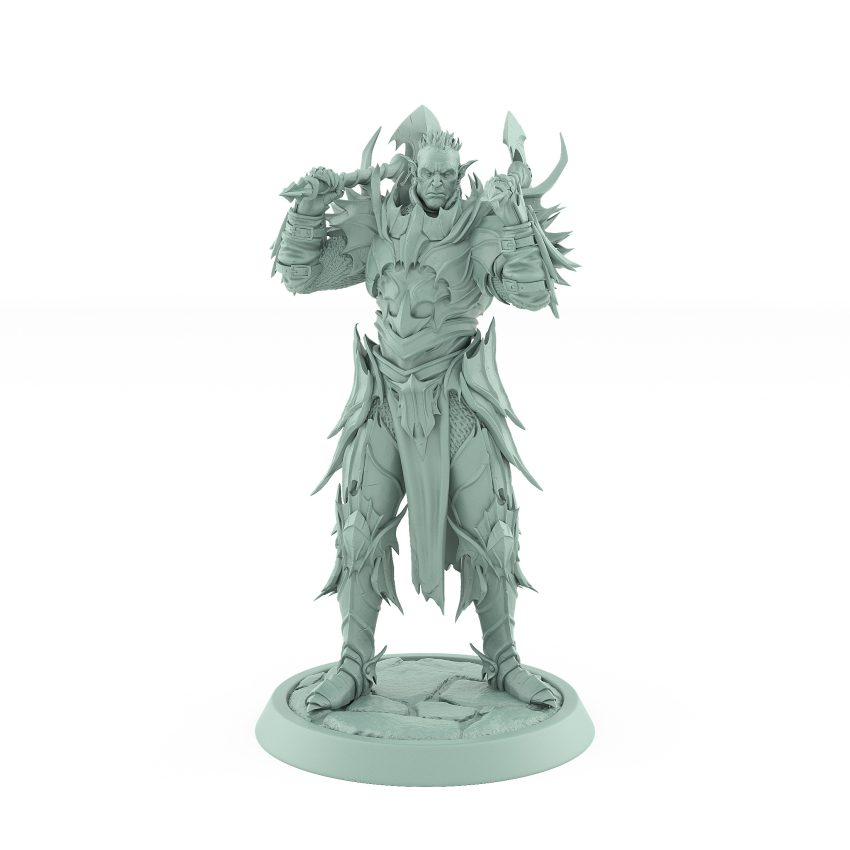 vampire miniature unhelmeted with axe resting on shoulders in gothic armor standing on stone base