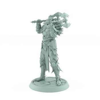 vampire miniature unhelmeted with axe resting on shoulders in gothic armor standing on stone base