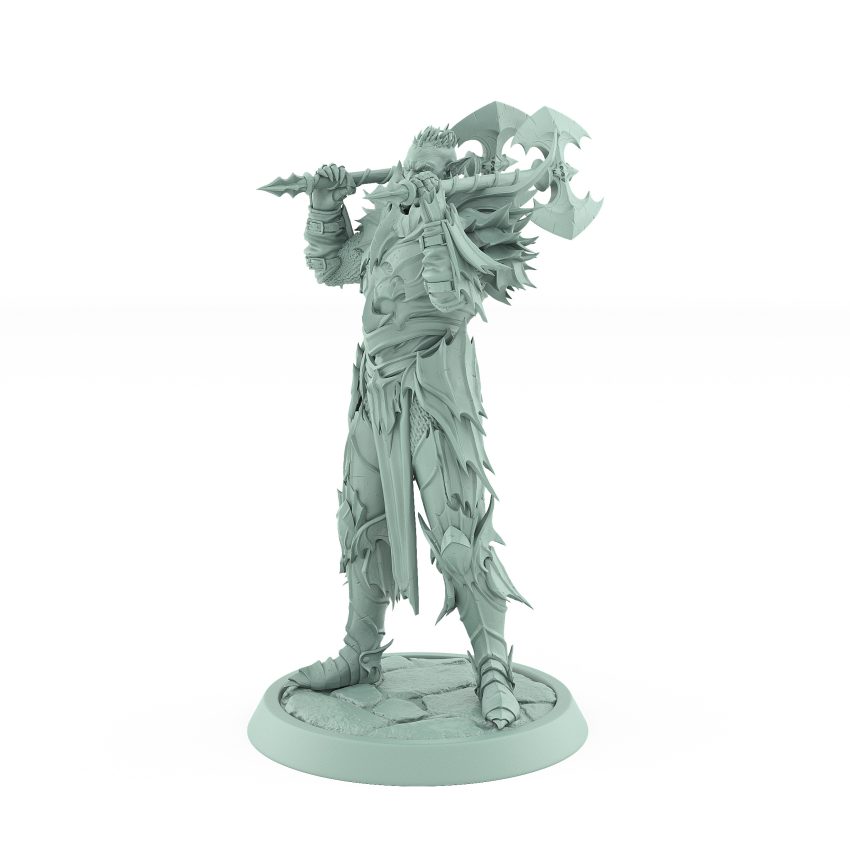 vampire miniature unhelmeted with axe resting on shoulders in gothic armor standing on stone base