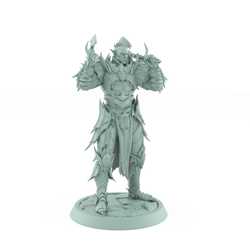 vampire miniature unhelmeted with axe resting on shoulders in gothic armor standing on stone base