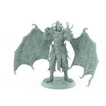 vampire miniature with wings raised axe in both hands standing on stone base in gothic armor