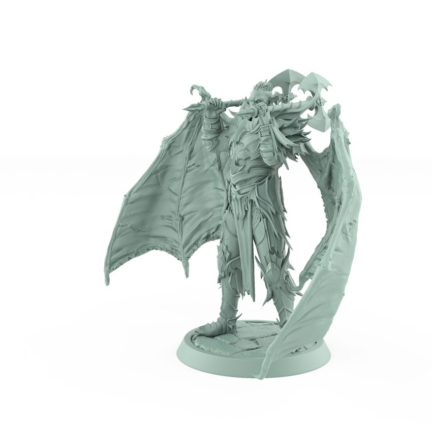 vampire miniature with wings raised axe in both hands standing on stone base in gothic armor
