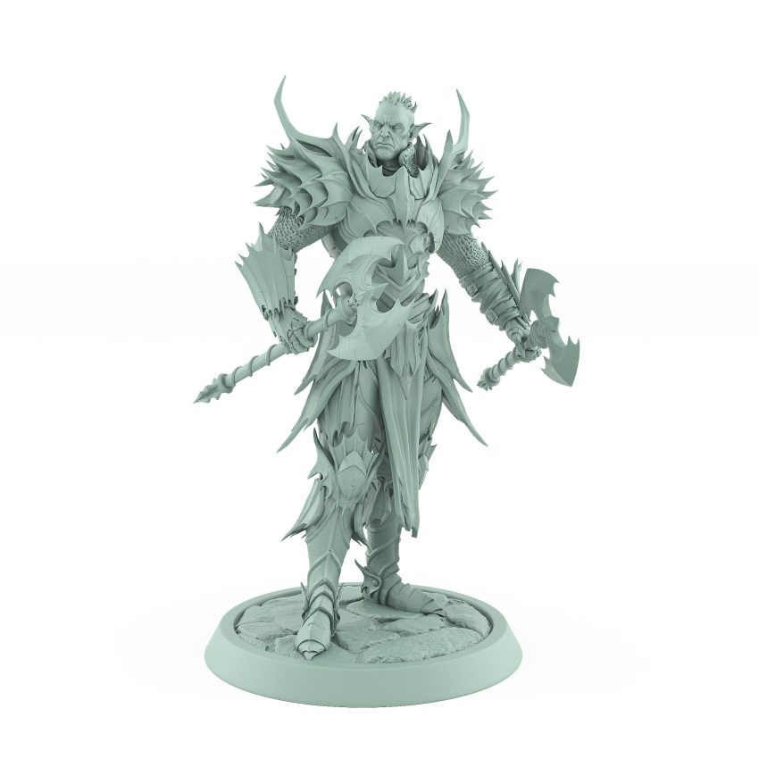 vampire miniature unhelmeted with twin axes standing in spiked gothic armor on stone base