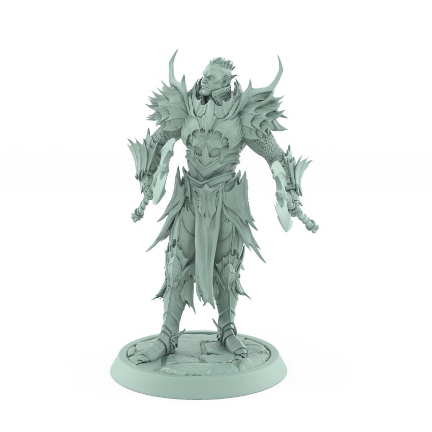 vampire miniature unhelmeted with twin axes standing in spiked gothic armor on stone base