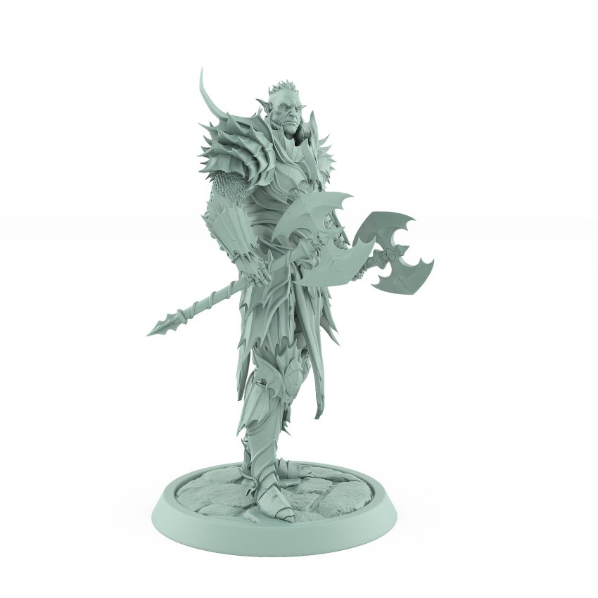 vampire miniature unhelmeted with twin axes standing in spiked gothic armor on stone base