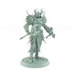 helmeted vampire miniature with twin axes and horned helm in spiked gothic armor standing on stone base