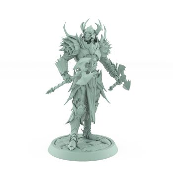 helmeted vampire miniature with twin axes and horned helm in spiked gothic armor standing on stone base