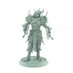 helmeted vampire miniature with twin axes and horned helm in spiked gothic armor standing on stone base