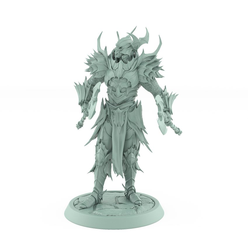 helmeted vampire miniature with twin axes and horned helm in spiked gothic armor standing on stone base