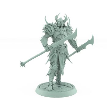 helmeted vampire miniature with twin spiked spears in ornate gothic armor standing on stone base