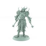 helmeted vampire miniature with twin spiked spears in ornate gothic armor standing on stone base