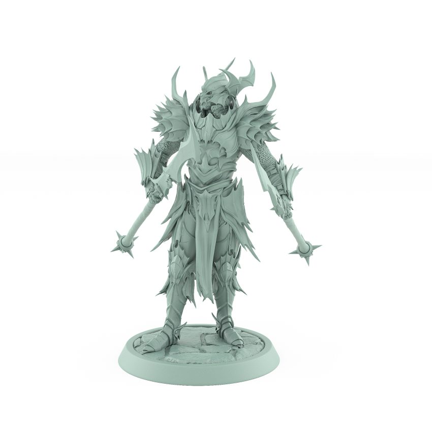 helmeted vampire miniature with twin spiked spears in ornate gothic armor standing on stone base