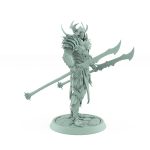 helmeted vampire miniature with twin spiked spears in ornate gothic armor standing on stone base