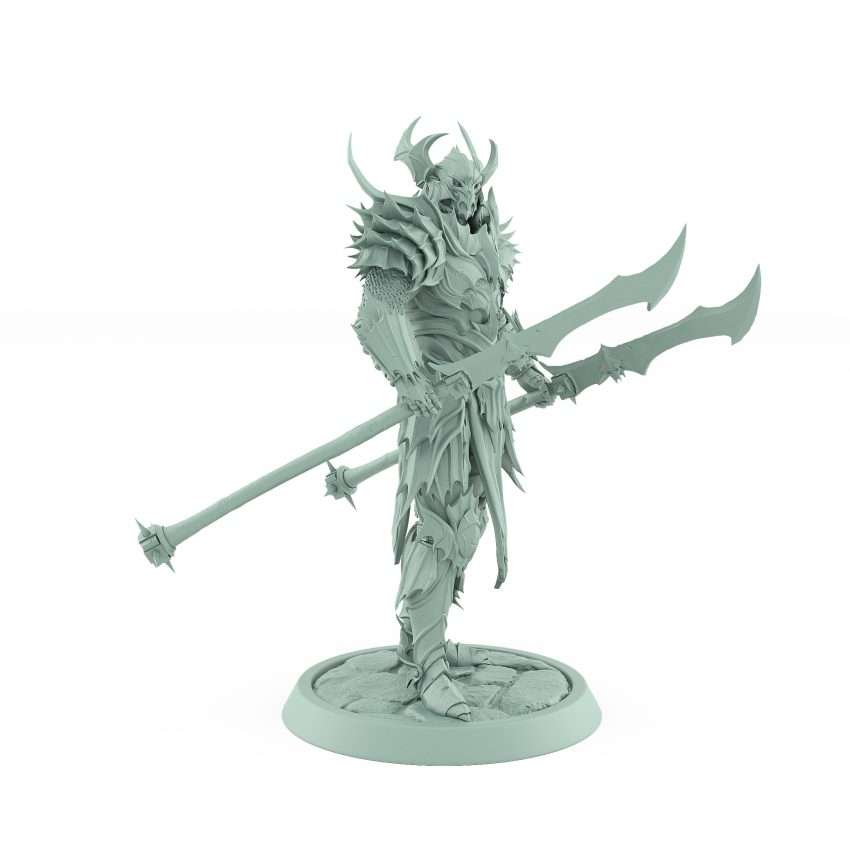helmeted vampire miniature with twin spiked spears in ornate gothic armor standing on stone base