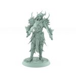 vampire miniature in horned helmet and spiked gothic armor holding a sword standing on stone base