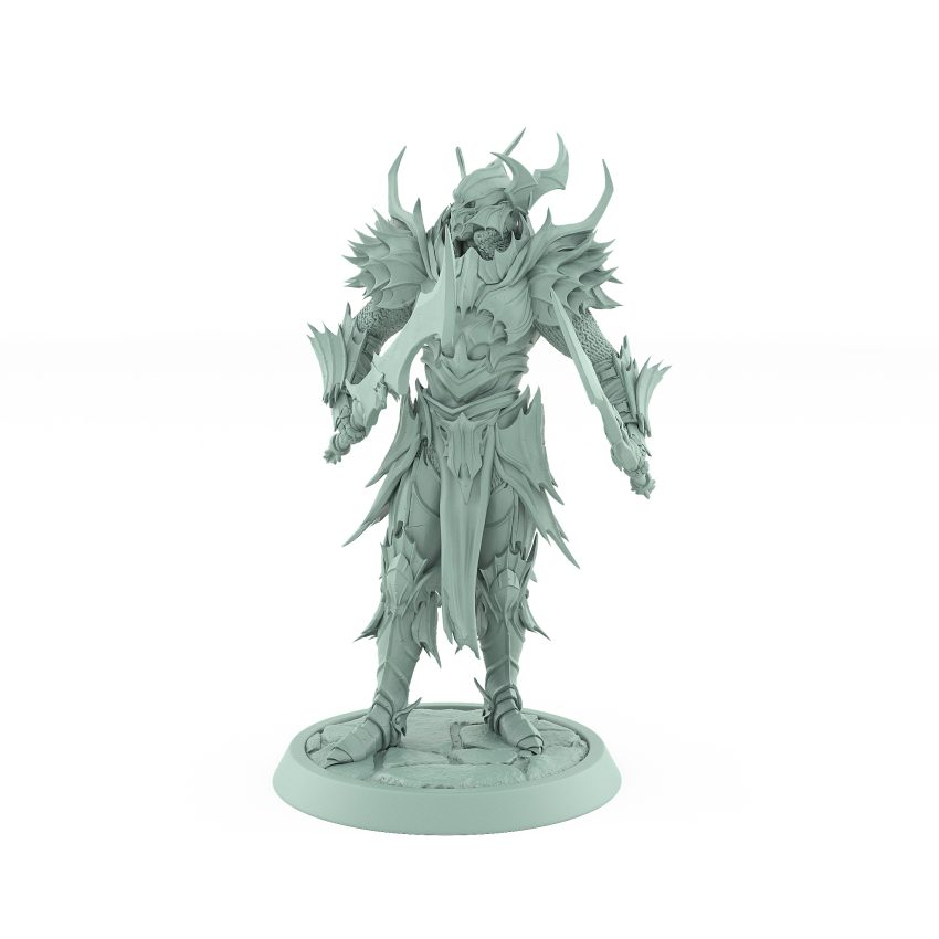 vampire miniature in horned helmet and spiked gothic armor holding a sword standing on stone base