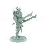 vampire miniature in horned helmet and spiked gothic armor holding a sword standing on stone base