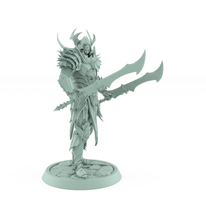 vampire miniature in horned helmet and spiked gothic armor holding a sword standing on stone base