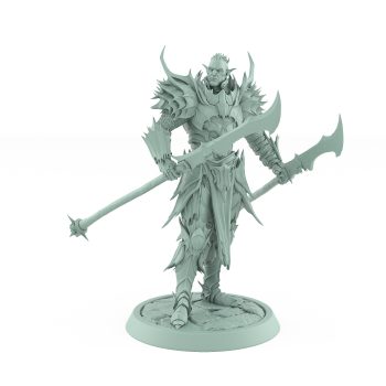 unhelmeted vampire miniature with twin spiked spears in gothic armor standing on stone base