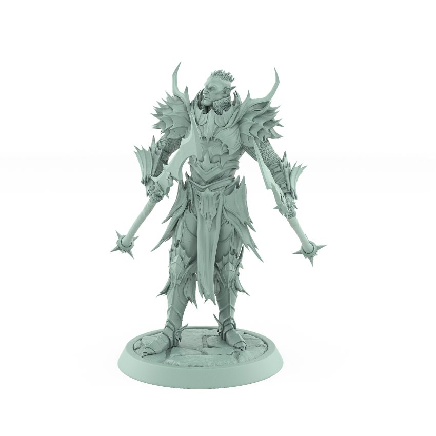 unhelmeted vampire miniature with twin spiked spears in gothic armor standing on stone base
