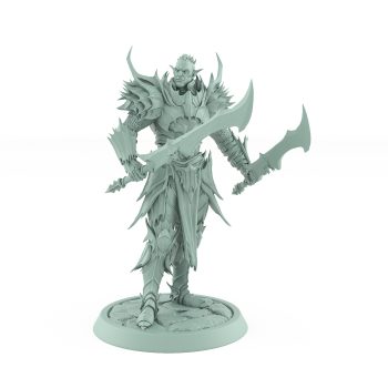 unhelmeted vampire miniature in gothic armor holding curved sword standing on stone base