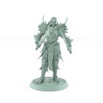 unhelmeted vampire miniature in gothic armor holding curved sword standing on stone base