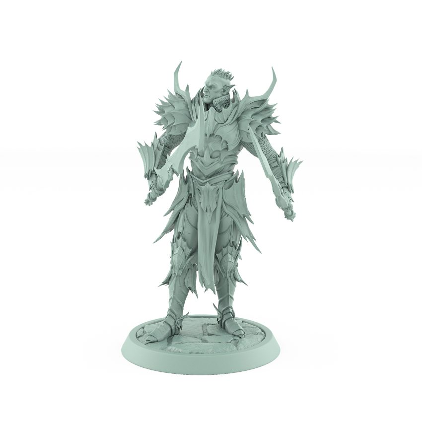 unhelmeted vampire miniature in gothic armor holding curved sword standing on stone base