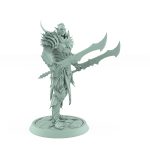 unhelmeted vampire miniature in gothic armor holding curved sword standing on stone base