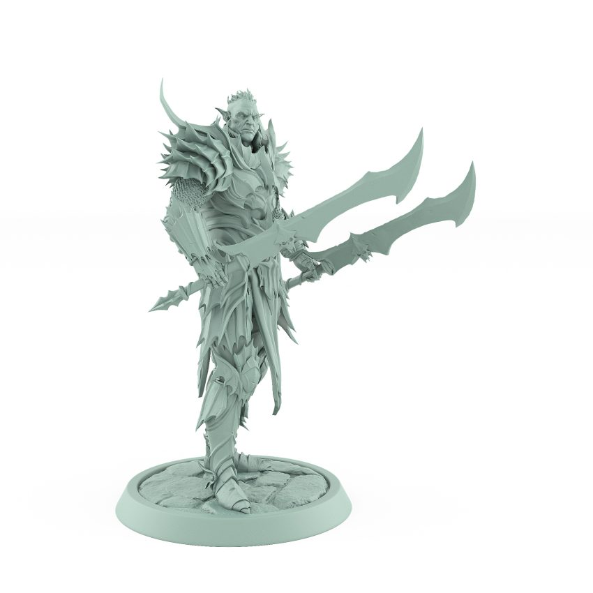 unhelmeted vampire miniature in gothic armor holding curved sword standing on stone base