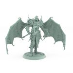 unhelmeted vampire miniature with large bat wings and axe in gothic armor standing on stone base