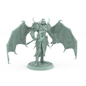unhelmeted vampire miniature with large bat wings and axe in gothic armor standing on stone base