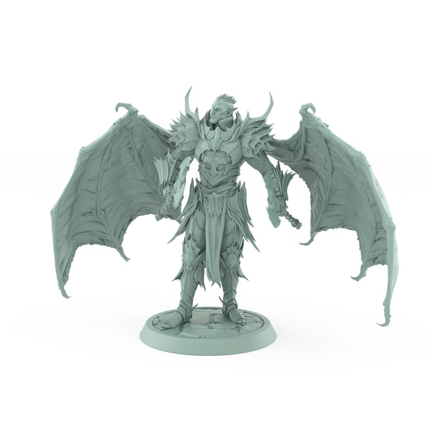 unhelmeted vampire miniature with large bat wings and axe in gothic armor standing on stone base