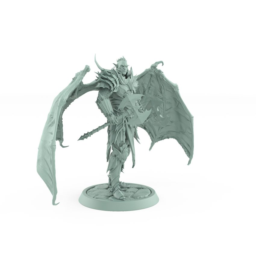 unhelmeted vampire miniature with large bat wings and axe in gothic armor standing on stone base