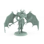 helmeted vampire miniature with large bat wings holding twin spears in gothic armor on stone base