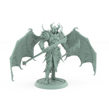 helmeted vampire miniature with large bat wings holding twin spears in gothic armor on stone base