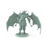 helmeted vampire miniature with large bat wings holding twin spears in gothic armor on stone base