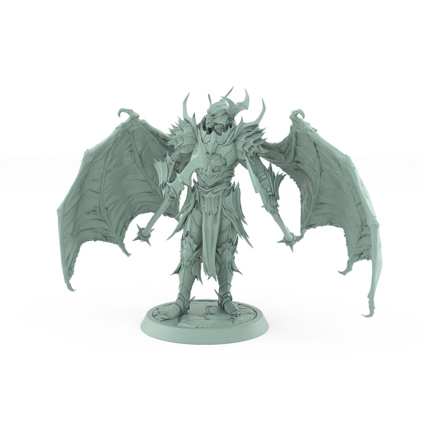 helmeted vampire miniature with large bat wings holding twin spears in gothic armor on stone base