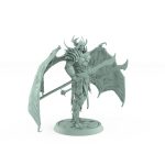 helmeted vampire miniature with large bat wings holding twin spears in gothic armor on stone base