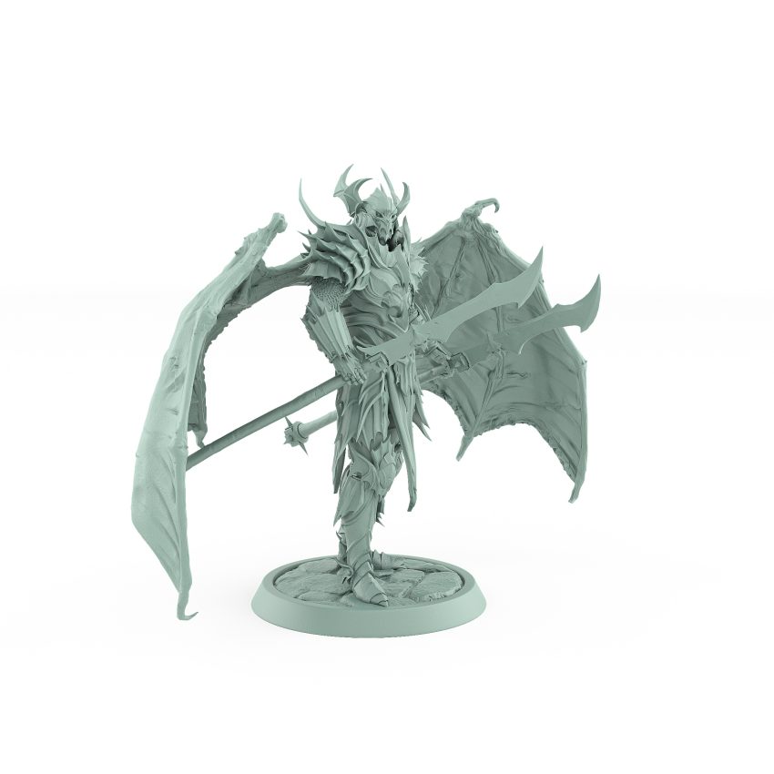 helmeted vampire miniature with large bat wings holding twin spears in gothic armor on stone base