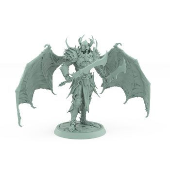 helmeted vampire miniature with large bat wings and curved sword in spiked gothic armor standing on stone base